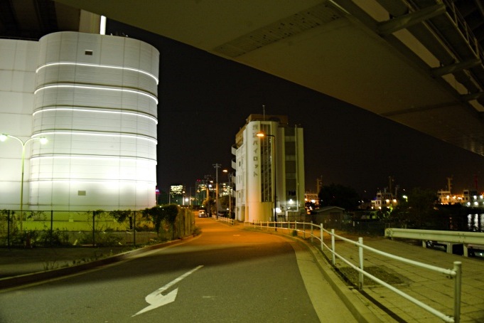 左の白い建物が遊歩道へのエレベーター。中央は東京パイロットの建物なので注意。