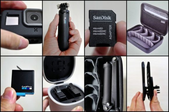 左上から時計回りに「GoProHERO8」「SHORTY」「SDカード」「CASEY」「クリップマウント」「三脚(セット品)」「TELESIN充電ケース＆バッテリー2個」「GOPRO正規品バッテリー」