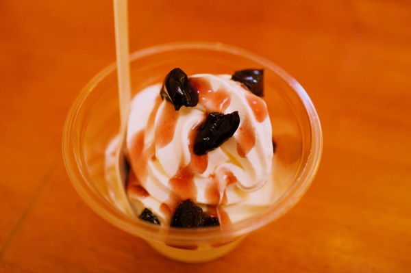 河口湖駅の軽食屋で食べたブドウソフトクリーム。