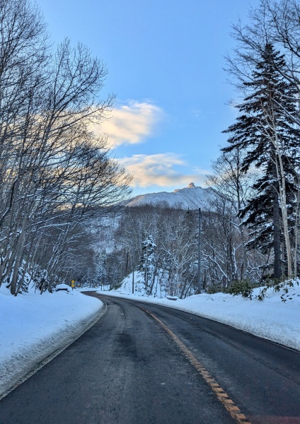 鹿も横切るアイスバーン。恵庭岳が正面に！